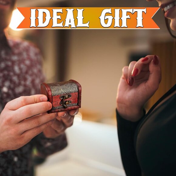 Small Wooden Treasure Chest Box with Lid Decorative Mini Jewelry Storage Box - Picture 8 of 10